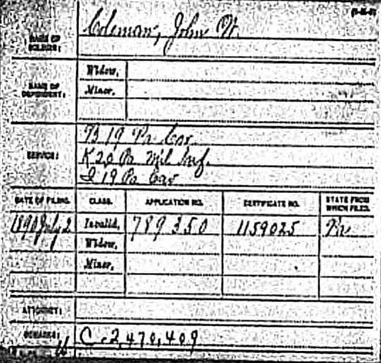 Civil War pension index card for John W. Coleman