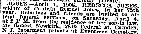 Rebecca Jobes obituary, Philadelphia Inquirer, April 2, 1908