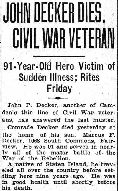 Camden Courier-Post, June 16, 1932 — John Decker Dies, Civil War Veteran