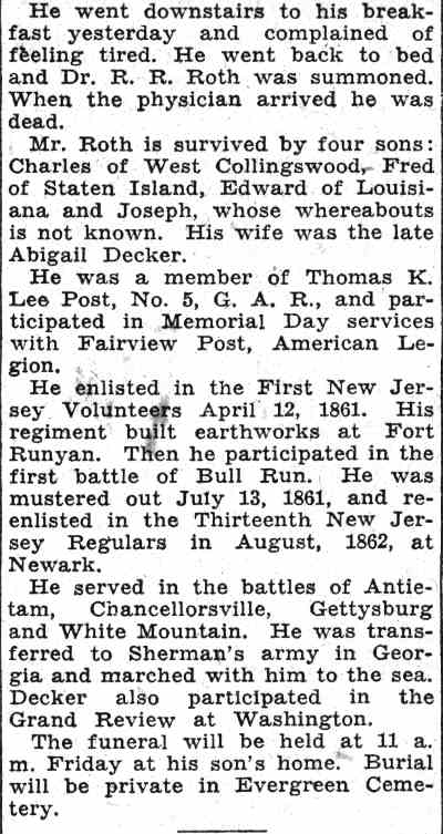 Camden Courier-Post, June 16, 1932 — John Decker Dies, Civil War Veteran (continued)