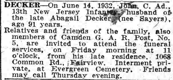 Camden Courier-Post, June 15, 1932 — Decker. (death notice)