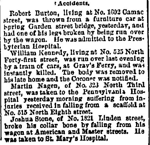 Philadelphia Inquirer clipping dated May 15, 1885, from the Accidents column, reporting that Joshua Stone of No. 1821 Linden street broke his collar bone by falling from his wagon at American and Master streets, and was taken to St. Mary's Hospital