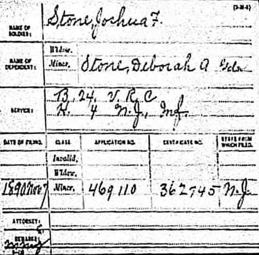 Civil War pension record for Joshua F. Stone, showing service in Company B, 24th Veteran Reserve Corps and Company H, 4th New Jersey Infantry; filed November 7, 1890 by minor Deborah A. Stone as guardian; Application No. 469110, Certificate No. 362745, New Jersey
