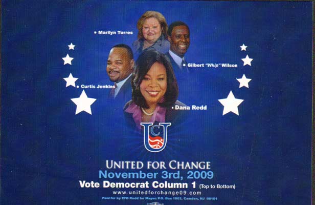United for Change campaign card, November 3rd 2009, featuring Dana Redd for Mayor, Marilyn Torres, Gilbert 'Whip' Wilson, and Curtis Jenkins