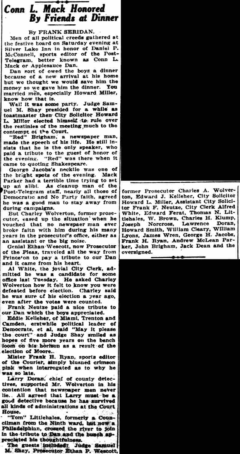 Camden Daily Courier, November 9, 1925 — Conn L. Mack aka Dan McConnell trial