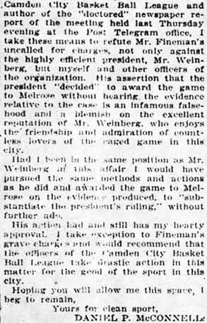 Camden Courier, January 28, 1913 — Dan M'Connell Replies to Attack, column 2
