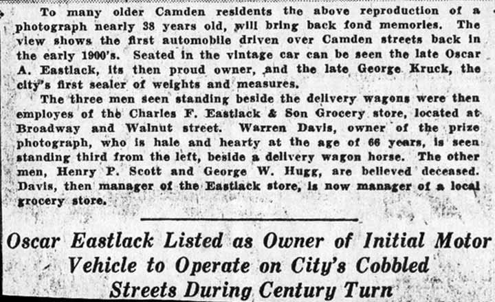 Caption: first automobile driven over Camden streets, Oscar Eastlack seated in car, early 1900s — Camden Courier-Post, January 29, 1938