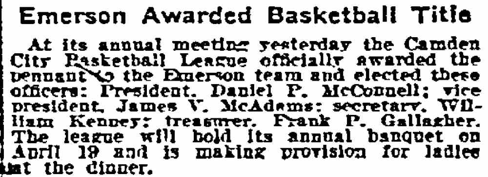Emerson Awarded Basketball Title — Philadelphia Inquirer, April 1, 1917