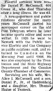 Dan McConnell obituary clipping, September 8 1956