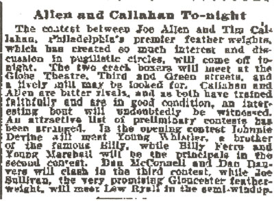 Philadelphia Inquirer, December 18, 1899 — Allen and Callahan To-night
