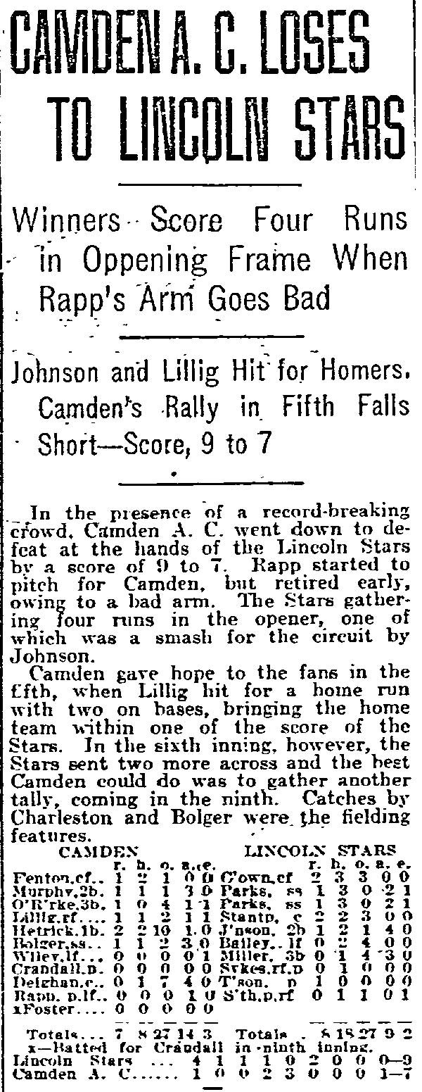Philadelphia Inquirer June 14 1916 baseball box score Camden A.C. vs Lincoln Stars