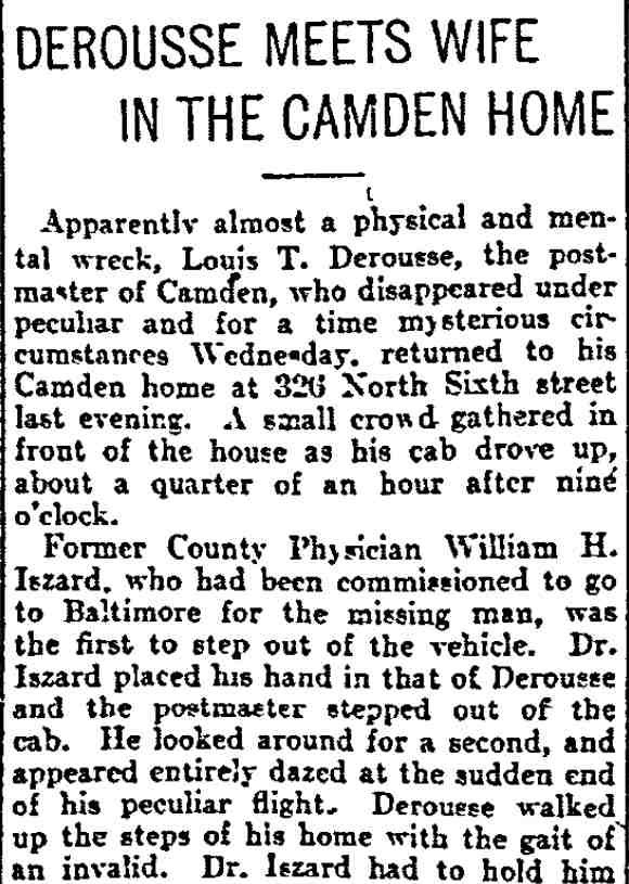 Philadelphia Inquirer, June 20, 1903 — Derousse meets wife in the Camden home, panel 1
