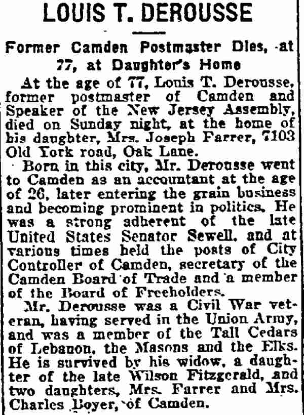 Philadelphia Inquirer, August 30, 1921 — DeRousse obituary