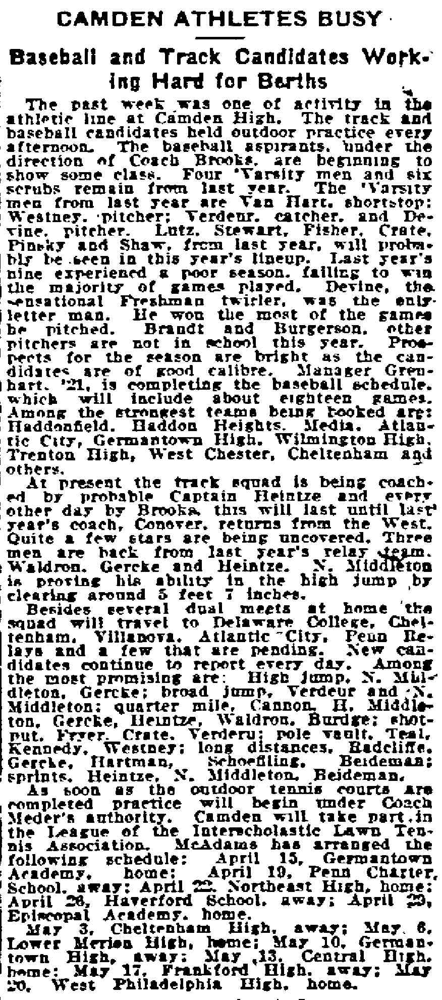 Philadelphia Inquirer March 23, 1919 — Camden Athletes Busy — Baseball and Track Candidates Working Hard for Berths; mentions Devine as returning varsity infielder with record for hitting