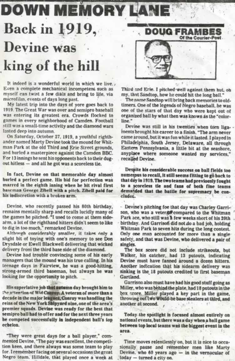 Down Memory Lane column by Doug Frambes — Back in 1919, Devine was king of the hill — Camden Courier-Post, January 8, 1980