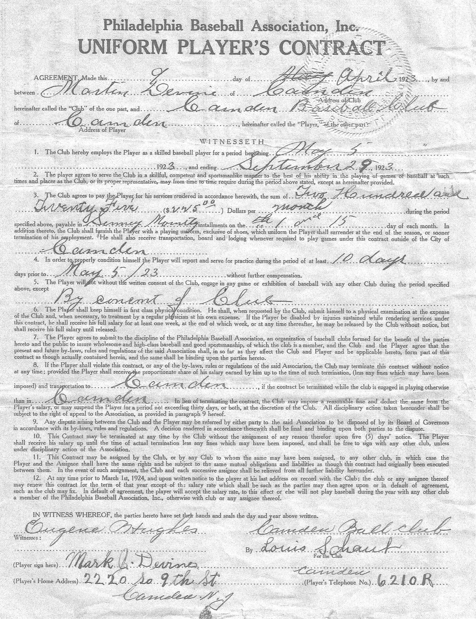 Philadelphia Baseball Association Uniform Player's Contract — Mark J. Devine with Camden Baseball Club, April 9, 1923 — season May 3 to September 3, 1923; signed by Eugene Hughes and Mark J. Devine; address 2220 So 9th St, Camden