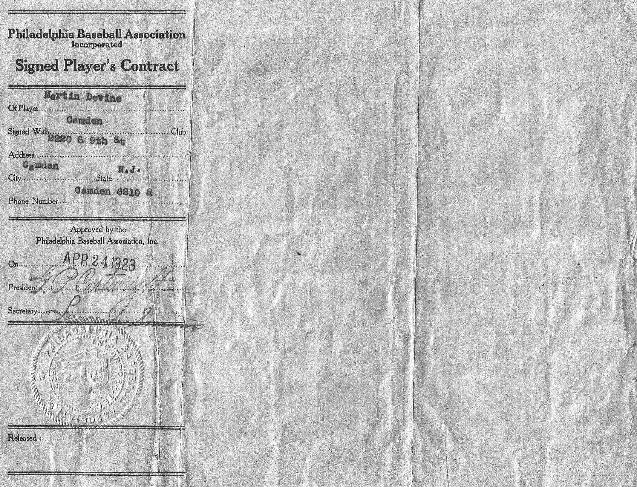 Philadelphia Baseball Association Signed Player's Contract registration page — Martin Devine, Camden Club, 2280 S 9th St., Camden NJ; approved April 24, 1923
