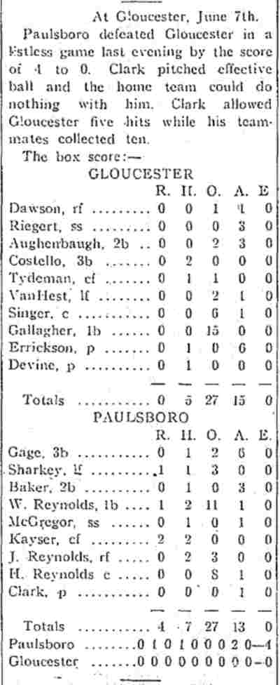 Woodbury Daily Times June 8, 1922 — box score from Paulsboro 4, Gloucester 0 — Devine pitching for Gloucester