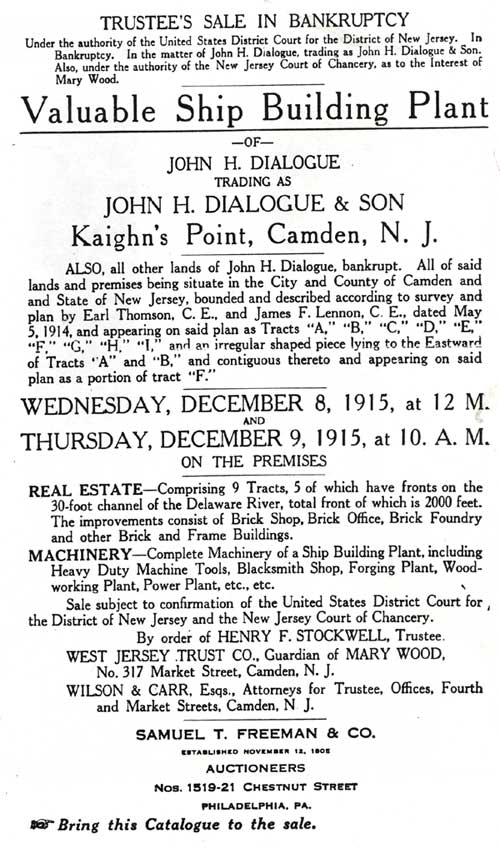 Title page of auction listing for Dialogue Shipbuilding Company, 1915