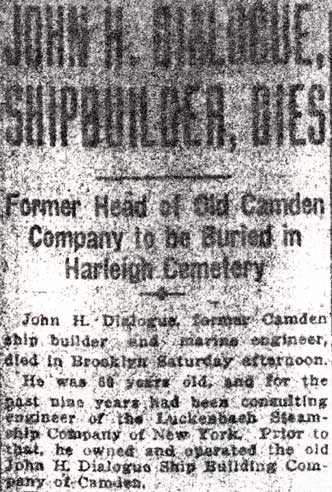 Camden Daily Courier, April 21, 1924 — John H. Dialogue, Shipbuilder, Dies — obituary page 1