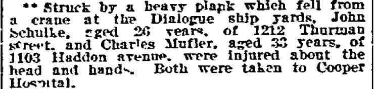 Injured at Dialogue ship yards, Philadelphia Inquirer, February 17, 1912