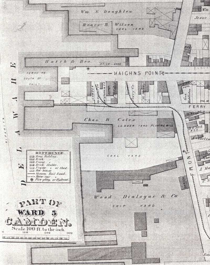 Detail from the 1877 City Atlas of Camden, New Jersey, showing the River Iron Works at Kaighn's Point