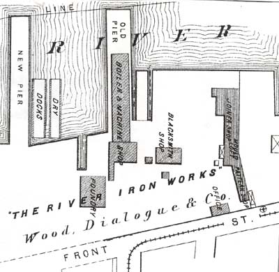 Detail from 1877 City Atlas of Camden showing the River Iron Works shop layout