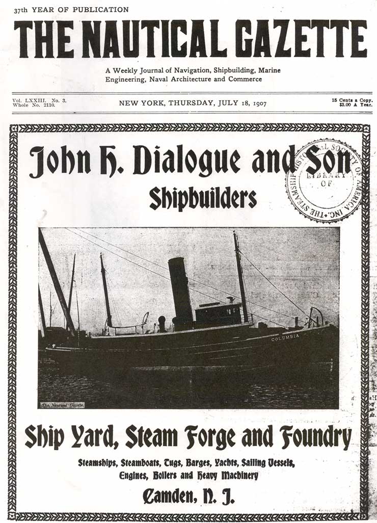 Nautical Gazette advertisement for John H. Dialogue and Son, Shipbuilders, Camden, N.J.