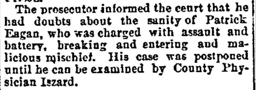 Philadelphia Inquirer, July 20, 1890 — prosecutor questions sanity of Patrick Eagan