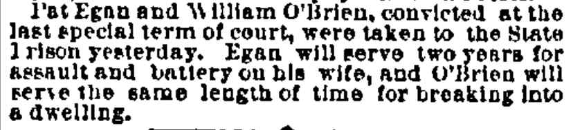Philadelphia Inquirer, July 27, 1886 — Pat Egan sent to State Prison two years