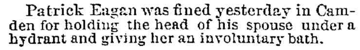 Trenton Evening Times, July 31, 1884 — Patrick Eagan fined for holding wife under hydrant