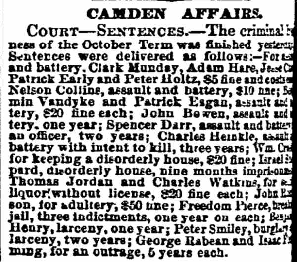 Philadelphia Inquirer, October 19, 1861 — Camden Affairs court sentences