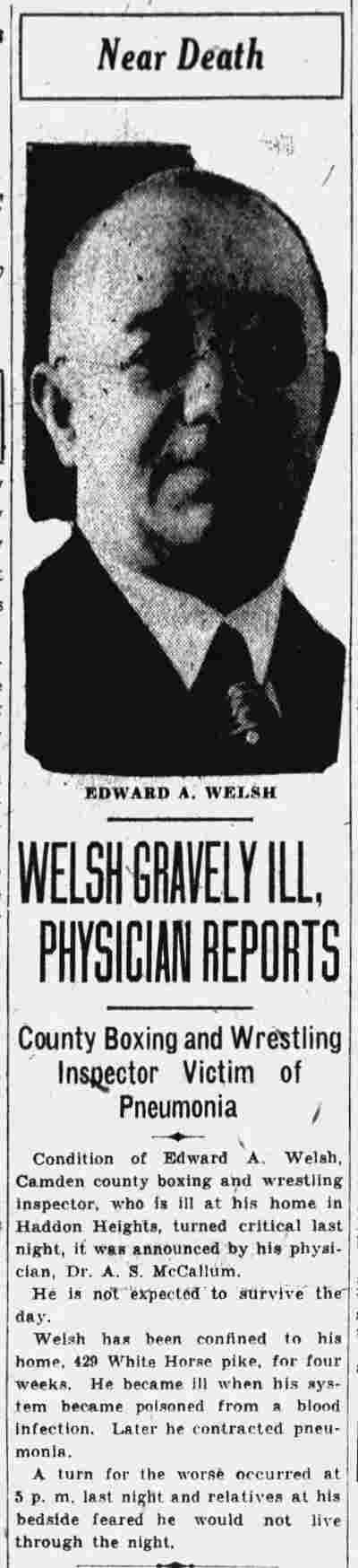 Camden Morning Post, January 16, 1932 — Welsh Gravely Ill, Physician Reports, with portrait of Edward A. Welsh