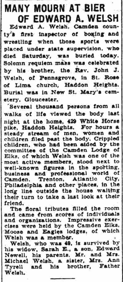 Camden Evening Courier, January 20, 1932 — Many Mourn at Bier of Edward A. Welsh
