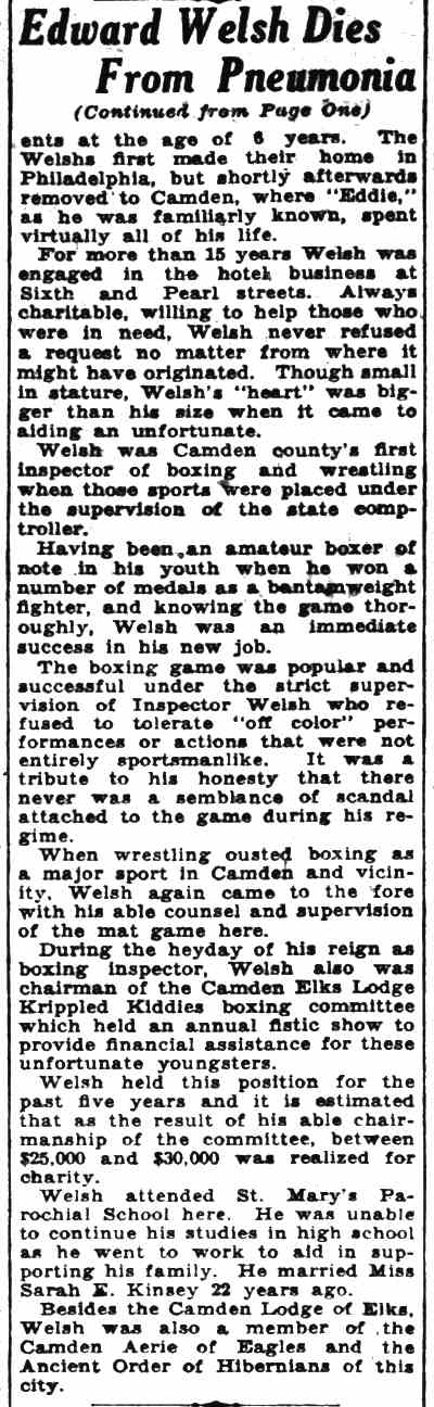 Camden Evening Courier, January 16, 1932 — continuation of Edward Welsh Dies From Pneumonia article