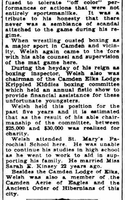 Camden Evening Courier, January 16, 1932 — further continuation of Edward Welsh Dies From Pneumonia article