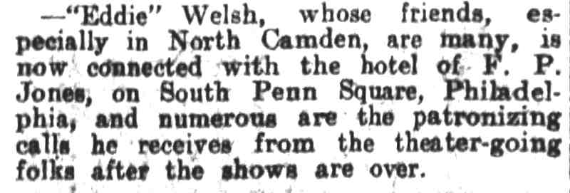 Camden Post-Telegram, January 31, 1910 — brief item about Eddie Welsh at the hotel of F. P. Jones in Philadelphia