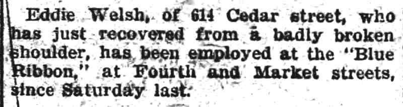 Camden Daily Courier, March 8, 1908 — brief item about Eddie Welsh at the Blue Ribbon at Fourth and Market streets