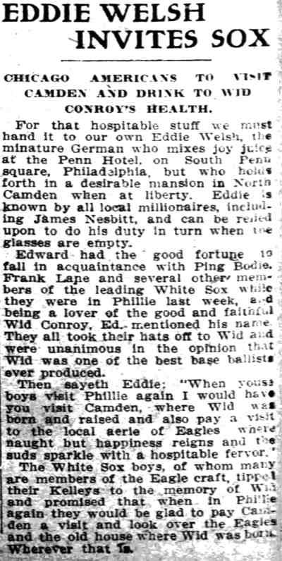 Camden Daily Courier, May 20, 1912 — Eddie Welsh Invites Sox, about Chicago White Sox players visiting Camden