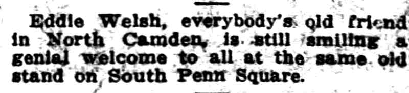Camden Post-Telegram, August 5, 1910 — brief item about Eddie Welsh at South Penn Square