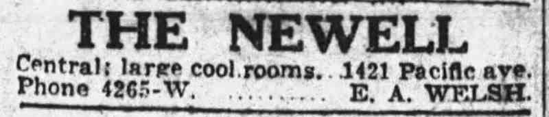 Camden Post-Telegram, August 9, 1920 — advertisement for The Newell hotel, 1421 Pacific Avenue, Atlantic City, E. A. Welsh proprietor