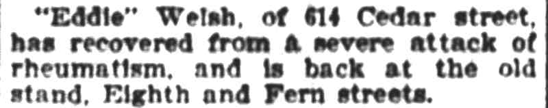 Camden Post-Telegram, August 21, 1905 — Eddie Welsh, 614 Cedar Street