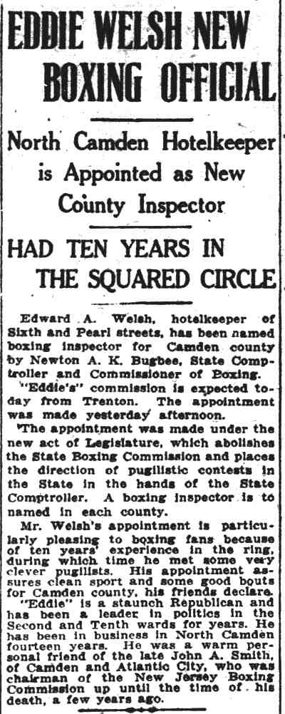 Camden Post-Telegram, September 14, 1923 — Eddie Welsh New Boxing Official, appointed as new county inspector