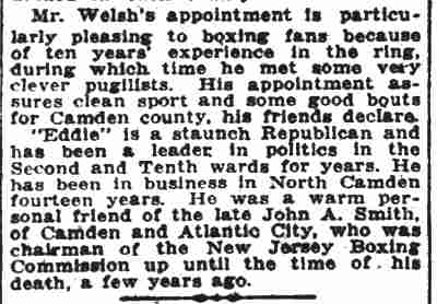 Camden Post-Telegram, September 14, 1923 — continuation of Eddie Welsh New Boxing Official article
