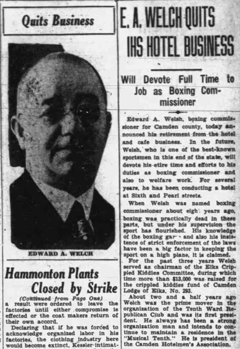Camden Morning Post, November 12, 1929 — E. A. Welch Quits His Hotel Business, with portrait of Edward A. Welsh