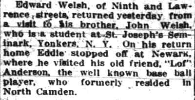 Camden Post-Telegram, November 25, 1913 — brief item about Edward Welsh visiting his brother at St. Joseph's Seminary