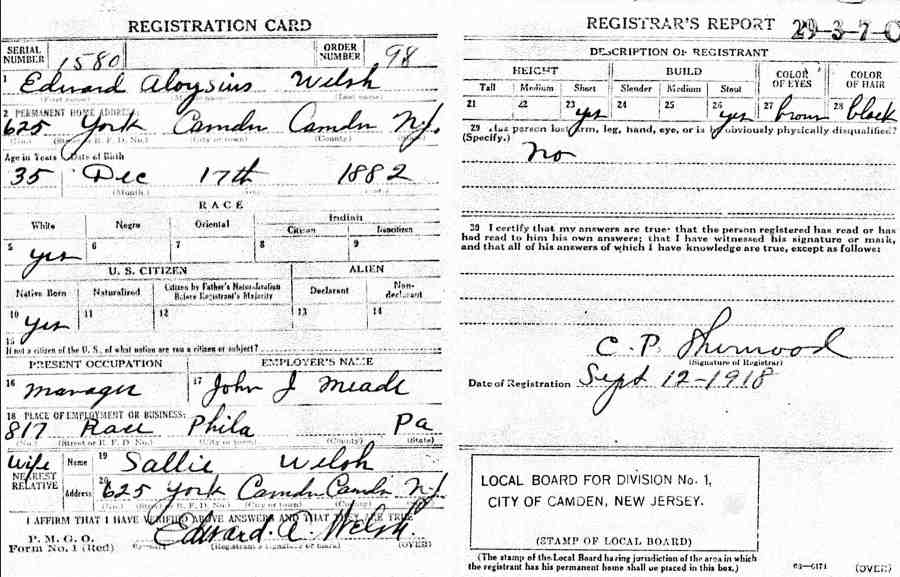 World War I Draft Registration Card for Edward Aloysius Welsh, Serial No. 1580, registered September 12, 1918