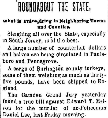Trenton Evening Times, December 18, 1896, clipping about Edward T. Melson indictment