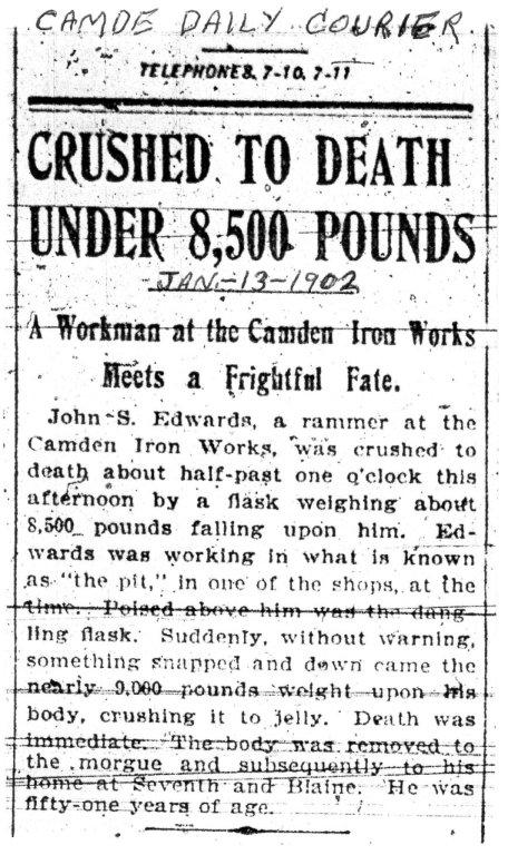 Camden Daily Courier, January 13, 1902 — Crushed to Death Under 8,500 Pounds