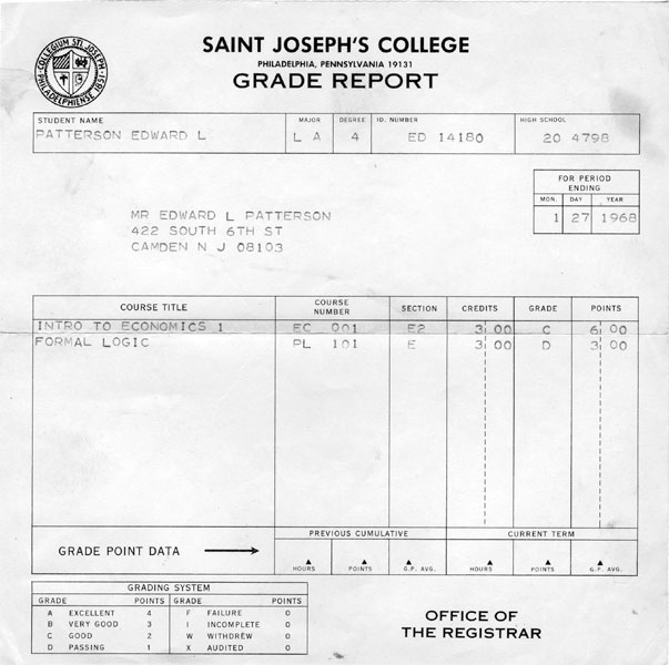 Grade report from St. Joseph's College, January 27, 1968